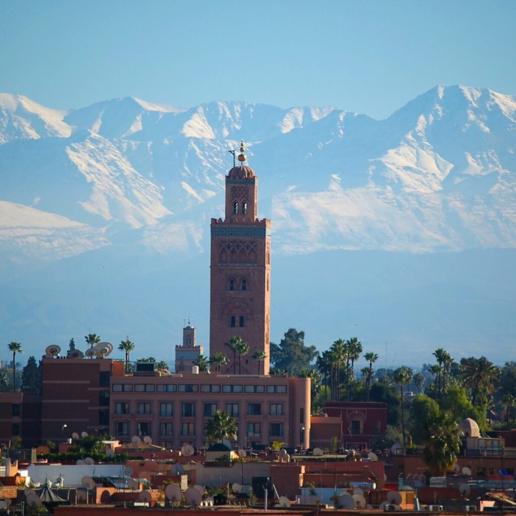 Atlas Mountains in Morocco with a minaret in the foreground