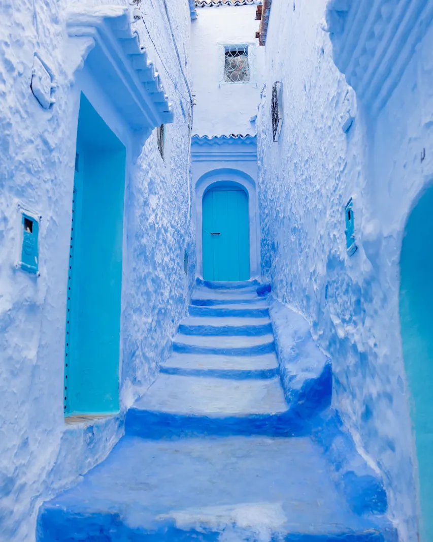 Blue stairs and doorways in the Chefchaouen medina